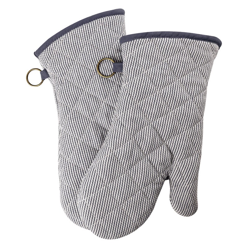 1 Pair Yarn Dyed Oven Mitts 100 Cotton Heat Resistant 470 Degree Gloves Men Women Cooking Baking Barbecue BBQ Microwave Crafting Machine Washable Pot Holders Mittens Grey