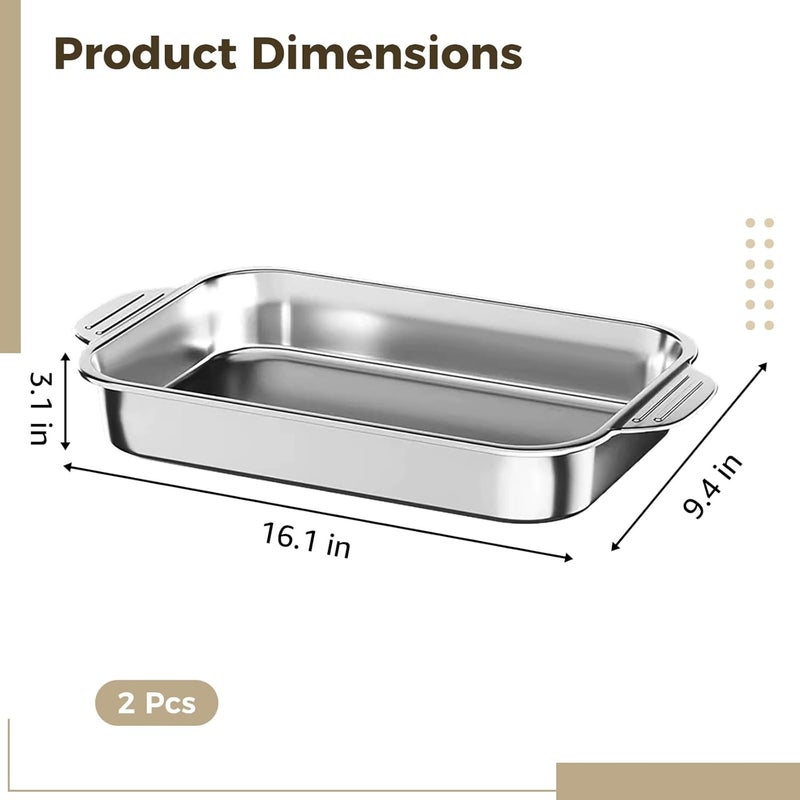 Large 2 Pcs Stainless Steel Baking Pans, 16.1 X 9.4 X 3.1 In Roasting Pan Set, Flat Bottom Cake Pans For Baking, Serving, Roasting - Image 2