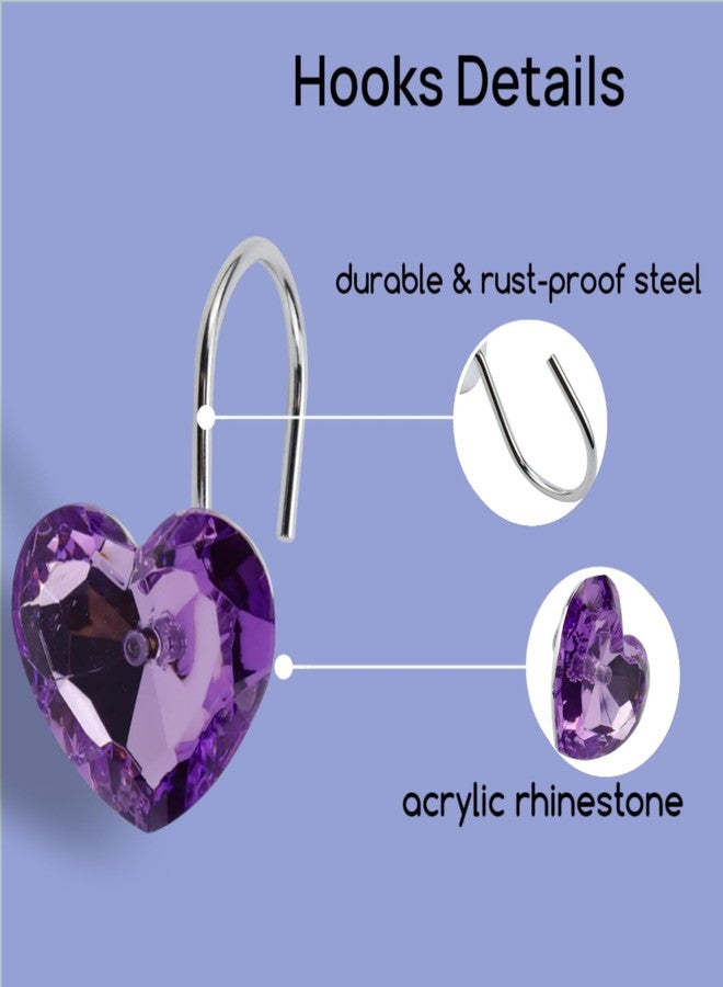 Chinflly Shower Curtain Hooks 12 PCS Purple Heart Shape, Acrylic Crystal Diamond Decorative Hooks, Rust Proof Stainless Steel Shower Curtain Hangers for Bathroom - Image 3