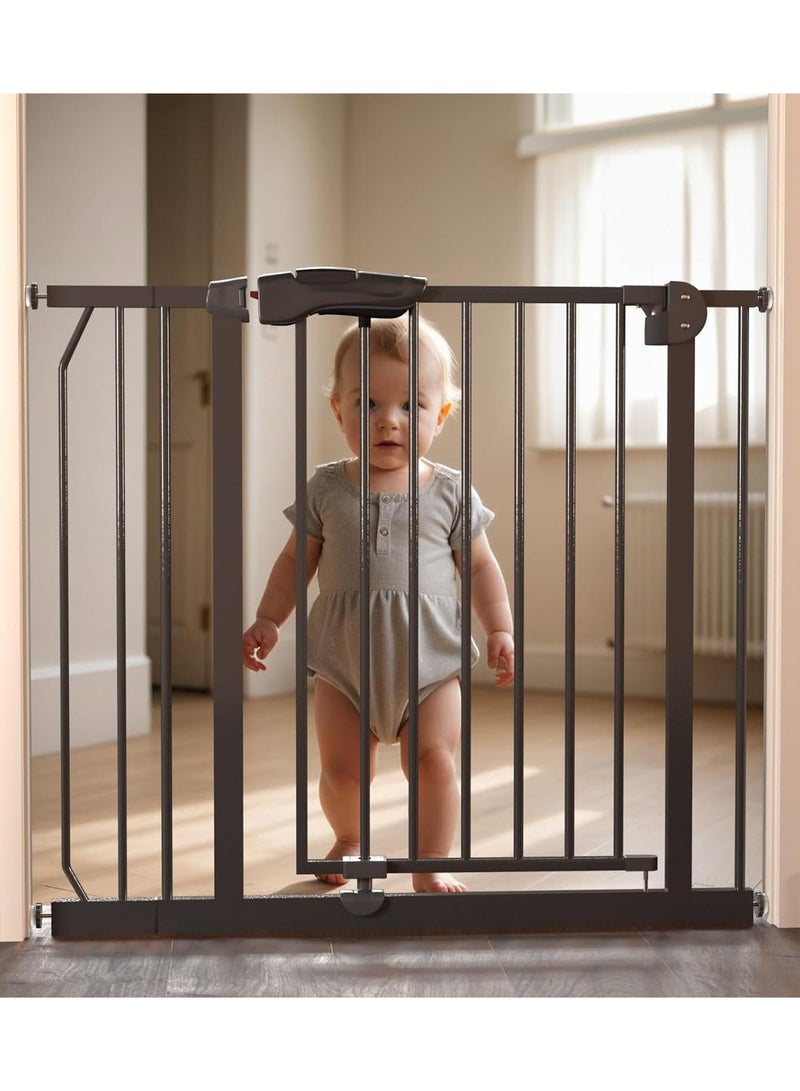 بيبي بوابة أطفال آمنة بإغلاق تلقائي 75+10 سم للأطفال، بوابة أطفال طويلة جدًا وواسعة جدًا | سياج أمان للأطفال | بوابة أمان للأطفال سهلة المشي من خلال المتانة، بوابة أمان للأطفال للمنزل والسلالم والمداخل والمطبخ باللون الأسود - Image 1