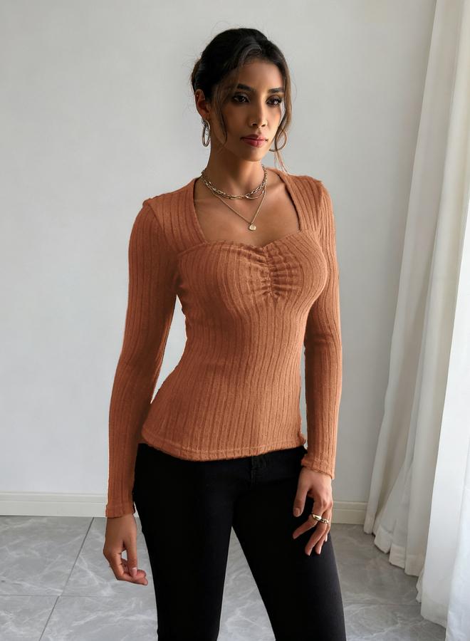 Take Two Women Orange Long Sleeve Ribbed Top - Image 1