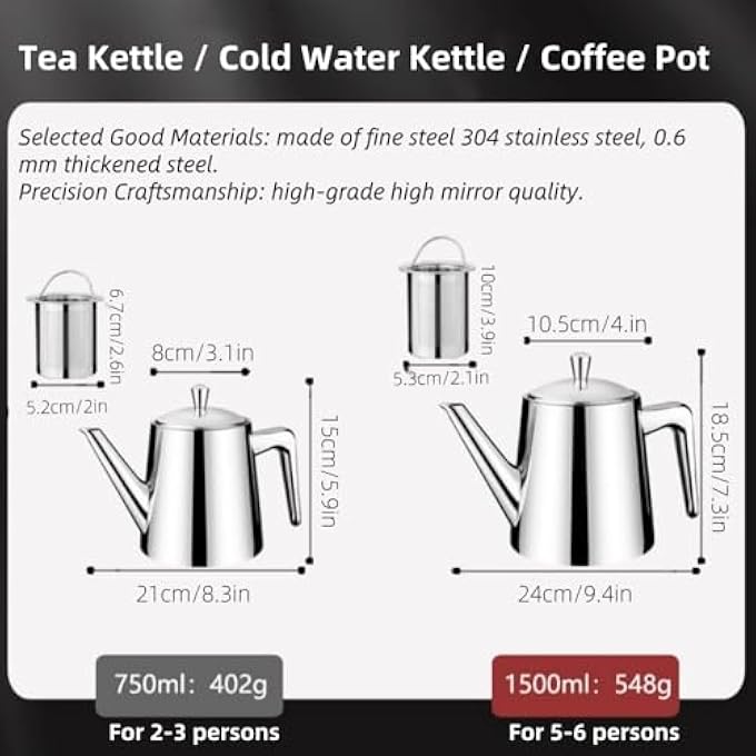 rayihni Stainless Steel Teapot Coffee Pot With Removable Tea Filter 075L Silver Mirror Polished Suitable For Brewing Loose Tea In Restaurants Hotels Clubs Lounges Home Kitchens And Offices - Image 4