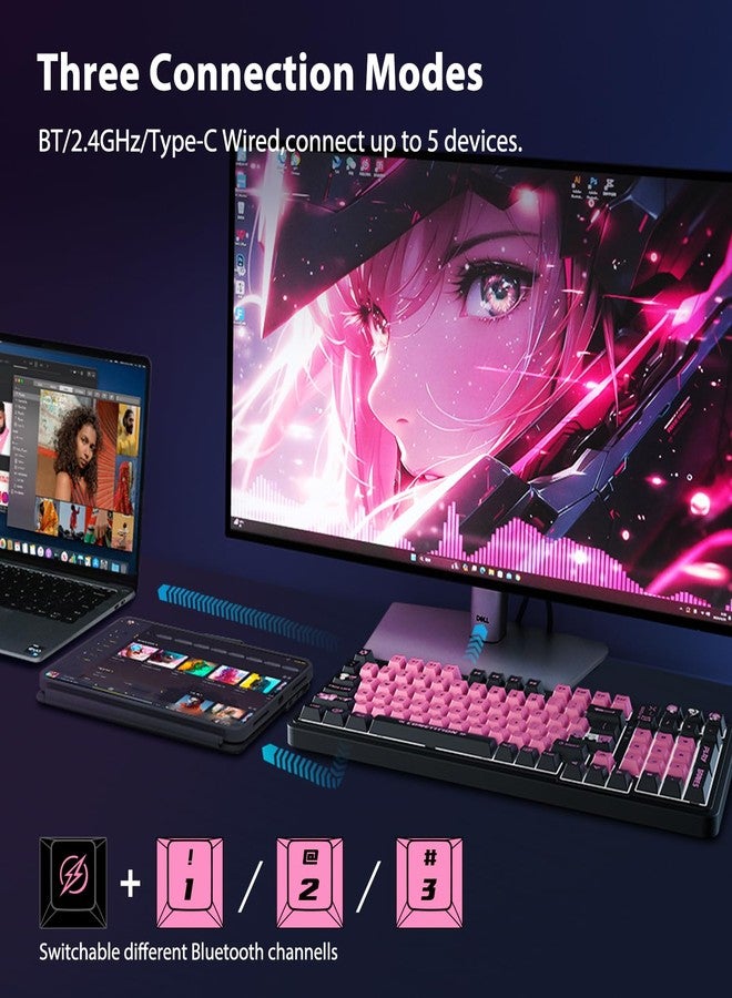 AUSDOM 98Pro Wireless Mechanical Keyboard, Tri-Mode Bluetooth/2.4GHz/USB-C Gasket Hot Swappable Custom Gaming Keyboard with Backlit, PBT Keycaps, Linear Switches, for Windows/Mac/PC (Manga Girl Theme) - Image 2