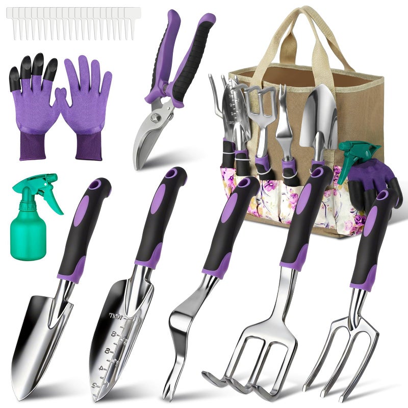 Tudoccy Garden Tools Set, 30 Piece Stainless Steel Gardening Kit with Vintage Floral Tote Bag, Non-Slip Ergonomic Rubber Handle, Ideal Gift for Women & Beginners, for Succulent, Home Garden - Image 1