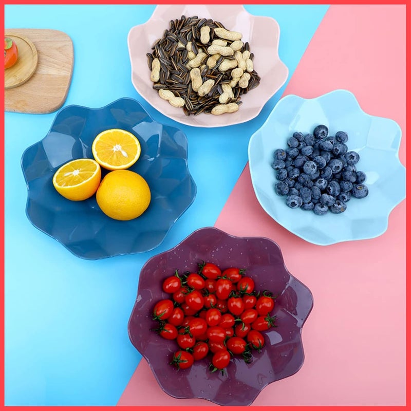 wolpin Designer Plastic Snacks Plate Set Fruits Serving Play (Set of 4 Pcs) Colorful Snacks/Breakfast Plate, Flower Shape, Multicolor - Image 1