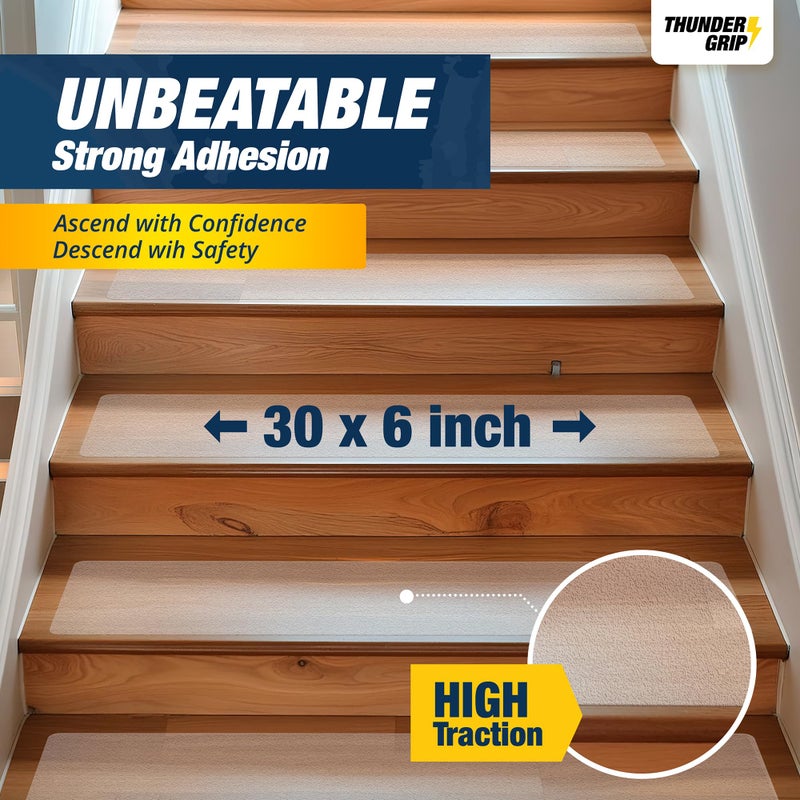 THUNDER GRIP Clear Stair Treads Non-Slip 30"x6" - 15-Pack Indoor Stair Grips Non Slip for Wooden Steps - Anti Slip Adhesive Strips for Dogs & Elderly - Staircase Step Treads - Transparent Treads for Wood Stairs - Image 3