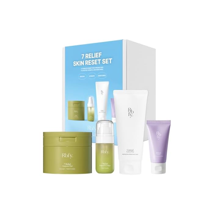 Rbfy. 7 Relief Skin Reset Set, Daily Routine for Dry, Stressed and Sensitive Skin, Centella Asiatica & Panthenol, Family-Friendly Korean Skincare [Toner Pads + Moisturizers + Mist]