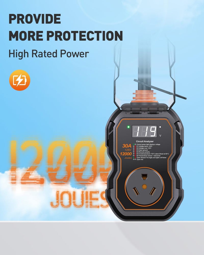 GEARGO RV Surge Protectors 30 Amp with Smart LED Display, 12000 Joules RV Circuit Analyzer Waterproof with High/Low Voltage Protection, RV Adapter Plug for Camper - Image 2