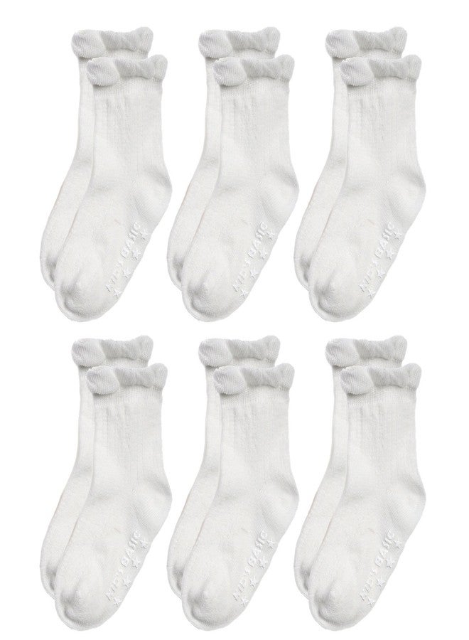 EPEIUS Toddler Girls Non Slip Ruffle Frilly Socks with Grips Pointelle Little Kids Cotton Non-skid Socks 6 Pair Pack,Natural White,3-5 Years - Image 1