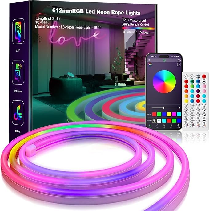 RIEO Hub RIEO USB Powered Smart RGBIC Neon Flex LED Strip Lights Multicolor Chasing Dream Color IP64 Waterproof Music Sync Bluetooth APP Controlled DIY Modes Color Chasing Effect 5 Meter  - Image 1