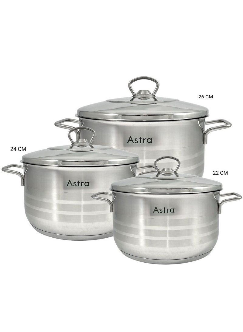 Astra مجموعة أواني الطهي من أسترا 6 قطع من الفولاذ المقاوم للصدأ (22+24+26 سم) – أواني غير لاصقة ممتازة، آمنة في غسالة الصحون، مثالية لجميع أنواع المواقد - Image 1