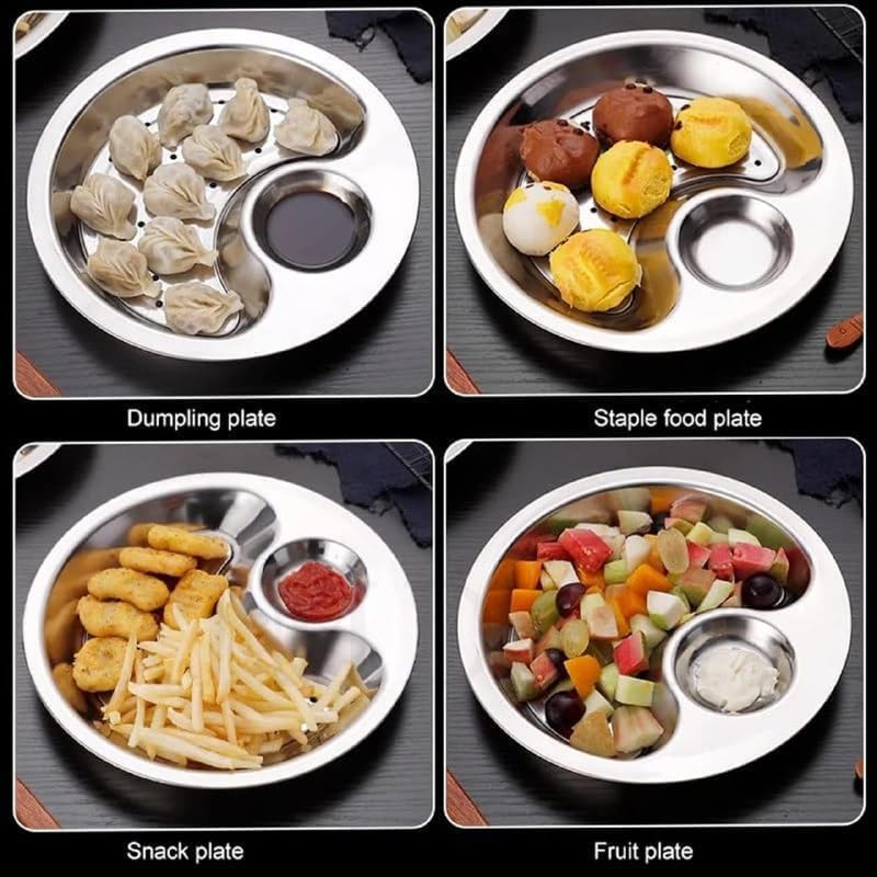 Foxelli Double Layer Dumpling Plate with Sauce Tray Chip & Dip Tray Stainless Steel Dumpling Plate with Dipping Sauce Stainless Steel Double Layer Dumpling Plate with Sauce Tray Chip & Dip Tray (1) - Image 5
