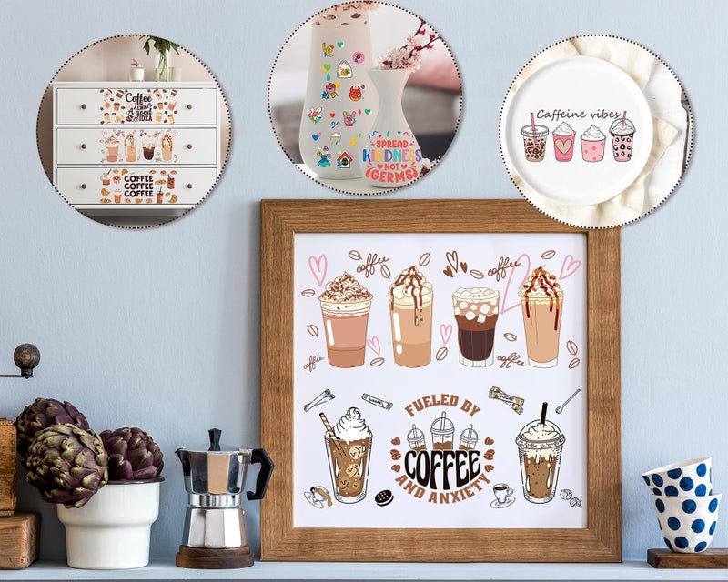 Rngmsi UV DTF Cup Wrap - 8 Sheets Coffee UV DTF Cup Wraps for 16 oz, Cake Drink Milk Tea Uvdtf Decals, Waterproof Ice Cream Rub on Transfer Stickers for Glass, DIY Wood Crafts - Image 5
