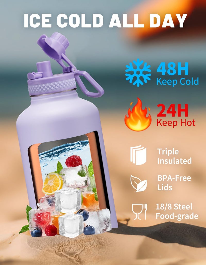DIGJUPER Half Gallon Water Bottle Insulated - 64 oz Water Bottle with Carrying Sleeve, Paracord Handle, Straw Spout Lid, Leak-proof Metal Hydro Water Jug for Workout Sport Hiking Gym, Purple Big Flask Thermo - Image 3