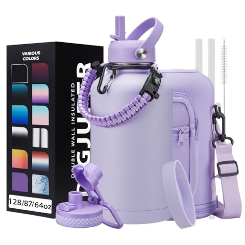 DIGJUPER Half Gallon Water Bottle Insulated - 64 oz Water Bottle with Carrying Sleeve, Paracord Handle, Straw Spout Lid, Leak-proof Metal Hydro Water Jug for Workout Sport Hiking Gym, Purple Big Flask Thermo - Image 1