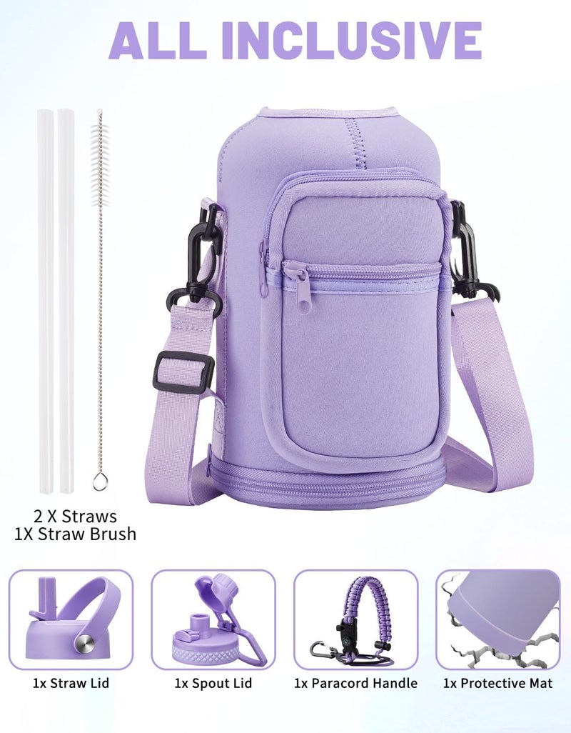 DIGJUPER Half Gallon Water Bottle Insulated - 64 oz Water Bottle with Carrying Sleeve, Paracord Handle, Straw Spout Lid, Leak-proof Metal Hydro Water Jug for Workout Sport Hiking Gym, Purple Big Flask Thermo - Image 2