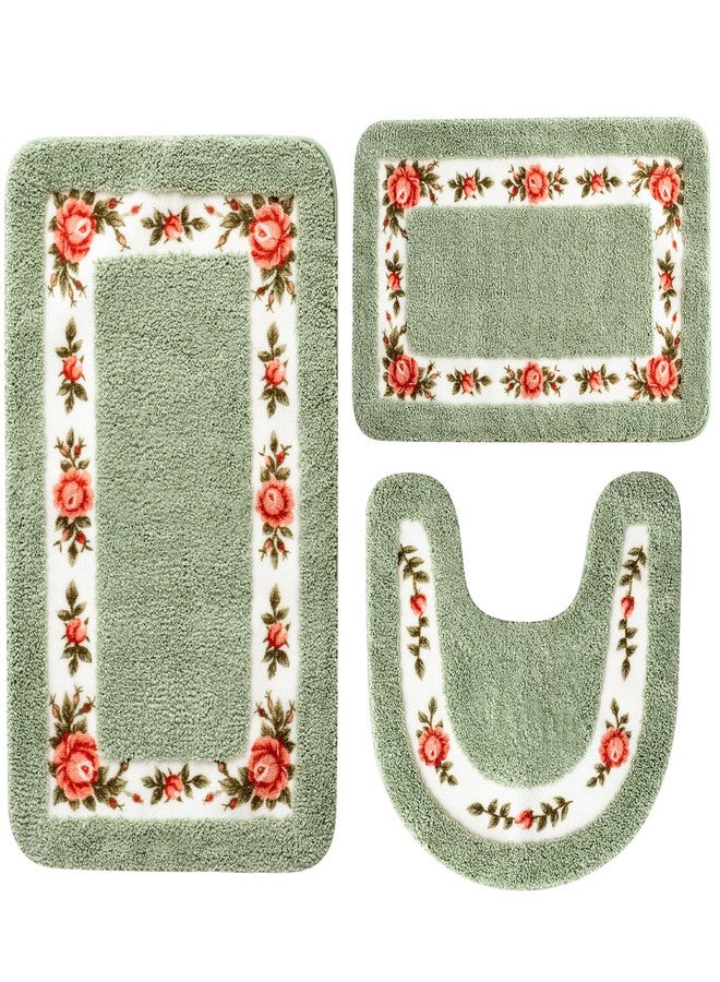 Drydiet 3 Pcs Rose Flowers Bathroom Rugs Set Coquette Room Decor Floral Rugs for Bathroom Bedroom Living Room, Floral Bath Mat Non Skid Romantic Rose Flower Area Rugs 3 Shapes(Green) - Image 1