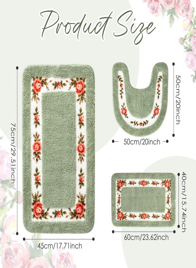 Drydiet 3 Pcs Rose Flowers Bathroom Rugs Set Coquette Room Decor Floral Rugs for Bathroom Bedroom Living Room, Floral Bath Mat Non Skid Romantic Rose Flower Area Rugs 3 Shapes(Green) - Image 2