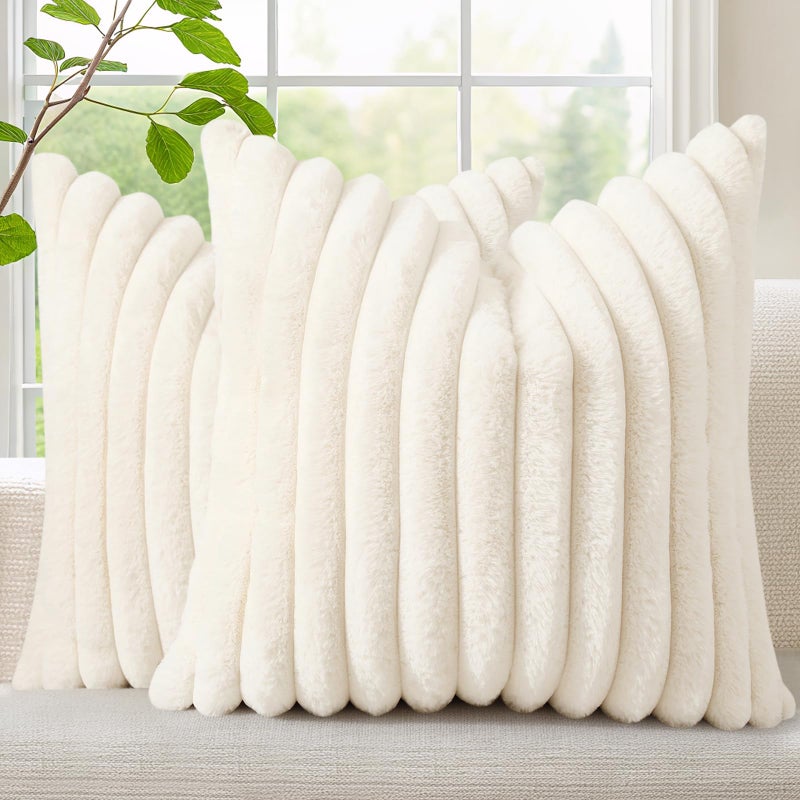 decorUhome Summer Cozy Faux Fur Throw Pillow Covers 20x20 Set of 2 Decorative Soft Plush Striped Modern Farmhouse Boho Couch Pillow Cases with Velvet Back for Sofa Bed Living Room Cream White - Image 2