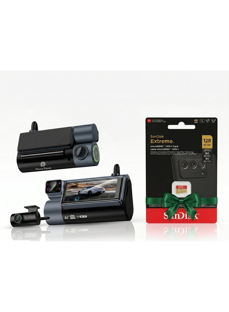 Phone Planet 3-Camera Car Dash Cam 4K UHD with 4G LTE & Wi-Fi Router, Live GPS Tracking, 24H Parking Mode, Sony Lens - Includes Free 128GB Memory Card Attached to the Package - Image 1