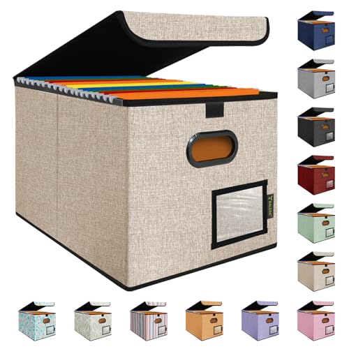 BALEINE File Organizer Box with Lid, Collapsible File Folder Organizer with Plastic Slide, Hanging File Folder Box for Office Document Storage (1 Pack, Beige) - Image 1