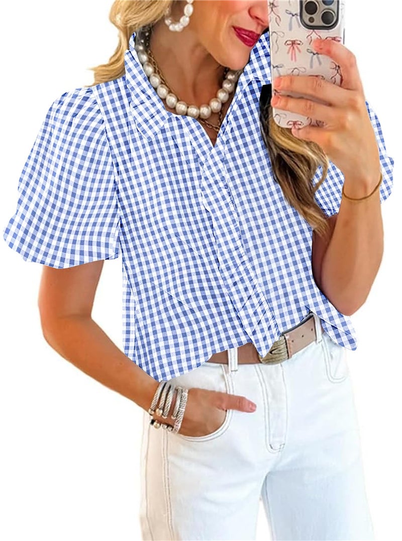 Disamer Womens Puffy Sleeves Tops Button Down Shirt Ruffle Shirt Short Striped Work Tops Trendy Babydoll Stand Collar Blouse,Plaid Navy,X-Large - Image 1