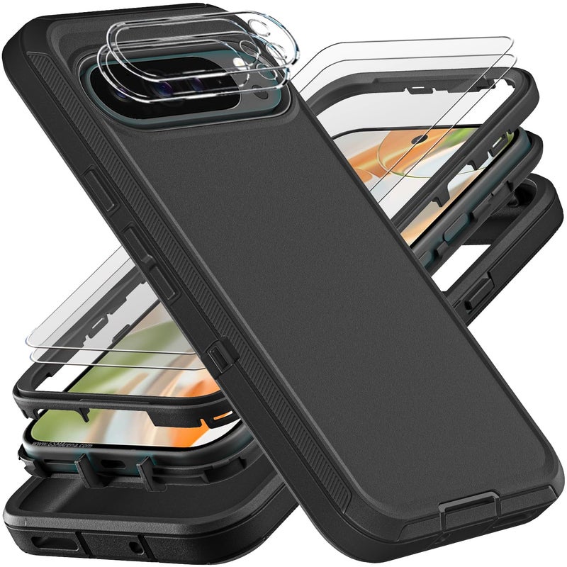 YKHJKLEC for Google Pixel 10 Pro Case, Military Grade 3 in 1 Heavy Duty Shockproof/Drop Proof/Dust Proof Case with 2Pcs Tempered Glass Screen Protector & Camera Lens Protector (Black/Black) - Image 1