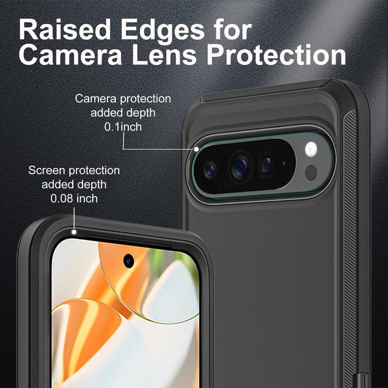 YKHJKLEC for Google Pixel 10 Pro Case, Military Grade 3 in 1 Heavy Duty Shockproof/Drop Proof/Dust Proof Case with 2Pcs Tempered Glass Screen Protector & Camera Lens Protector (Black/Black) - Image 3