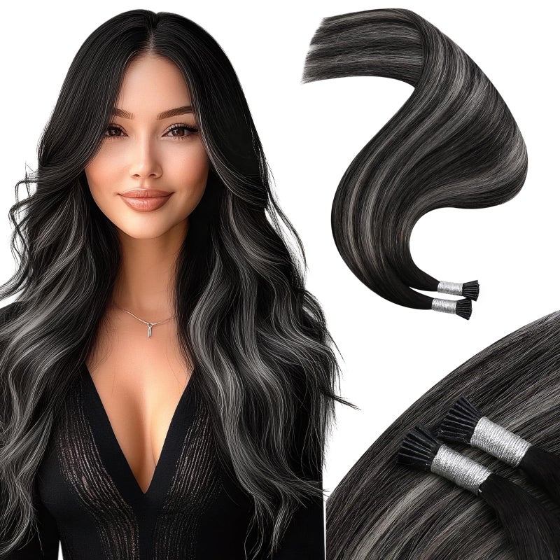 Moresoo I Tip Human Hair Extensions Balayage Black to Silver I Tip Hair Extensions Human Hair Soft Straight Fit Any Occasions 40G50S 22 Inch