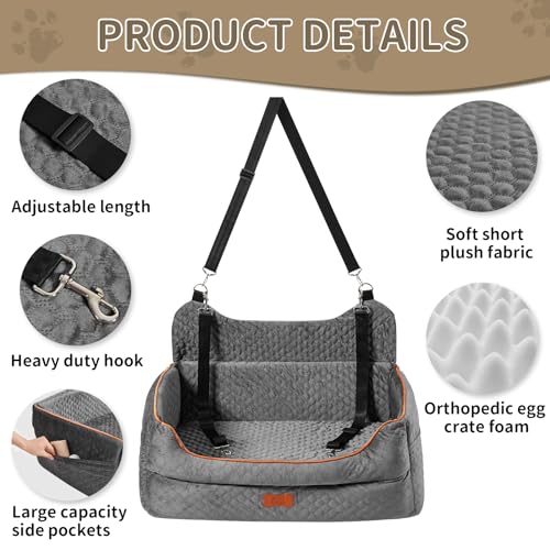 EUHAMS Dog Car Seat for Large/Medium Dogs - Memory Foam Dog Booster Seat for Under 55Lbs or 2 Small Dogs-Detachable and Washable Travel Bed with Thick Cushion and Storage Pockets-Grey - Image 5