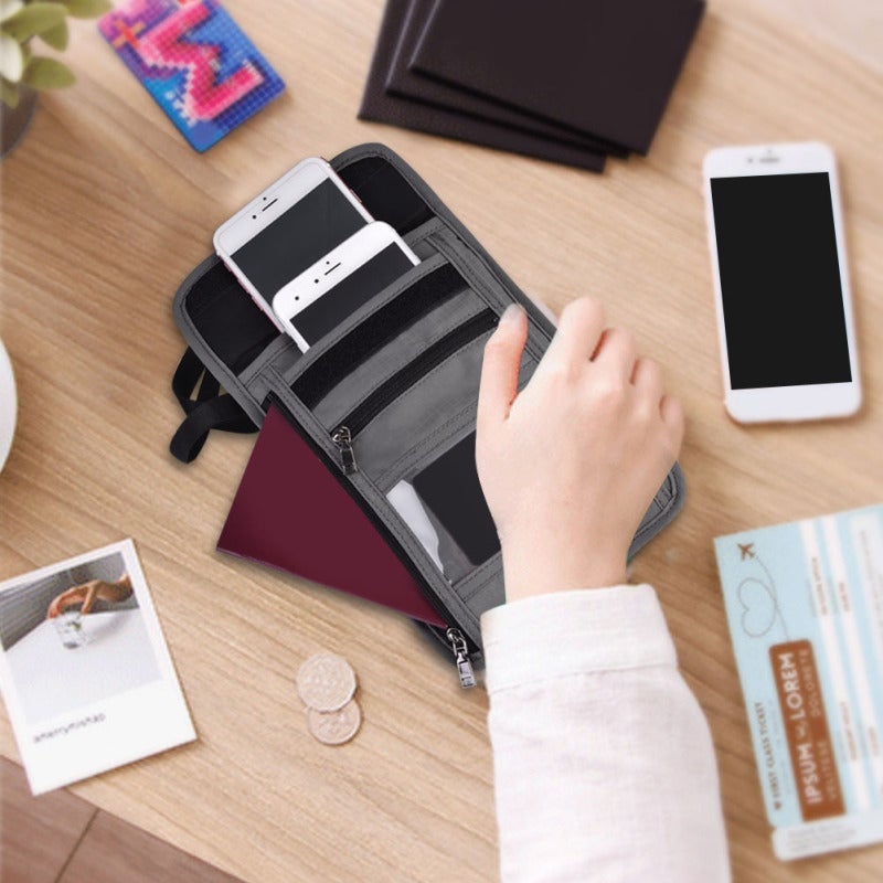 غطاء جواز سفر مقاوم للتداخل الترددي الرقمي (RFID) وحقيبة عنق - حامل جواز سفر نايلون مقاوم للماء بـ 5 أكياس لمحبي السفر - Image 3