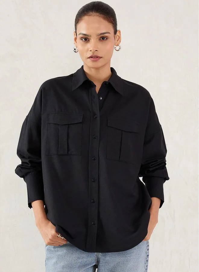 Femmella  Femmella Black Pocket Detail Buttoned Shirt for Women | Best Price UAE