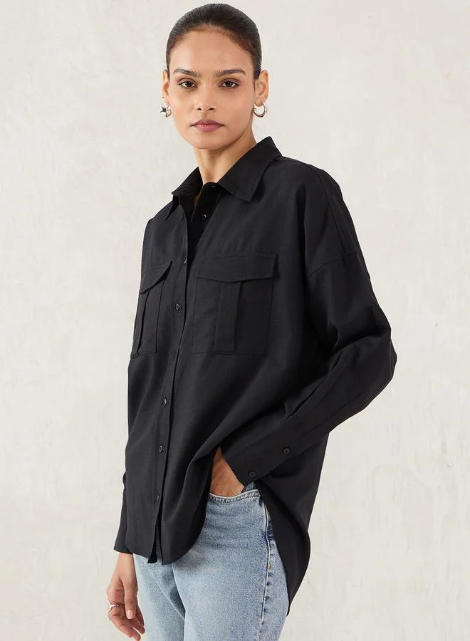 Femmella Black Pocket Detail Buttoned Shirt