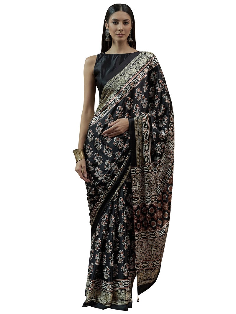 SAREE MALL Women's Black Pure Crepe Ajrak Printed Saree With Unstitched Blouse (MOHAR703_HS) - Image 1