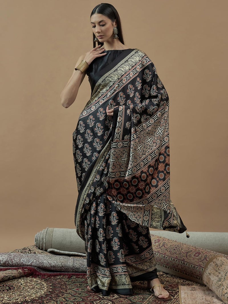 SAREE MALL Women's Black Pure Crepe Ajrak Printed Saree With Unstitched Blouse (MOHAR703_HS) - Image 4