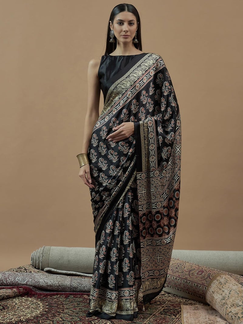 SAREE MALL Women's Black Pure Crepe Ajrak Printed Saree With Unstitched Blouse (MOHAR703_HS) - Image 3