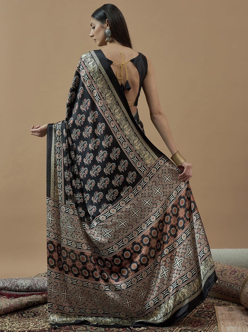 SAREE MALL Women's Black Pure Crepe Ajrak Printed Saree With Unstitched Blouse (MOHAR703_HS) - Image 2