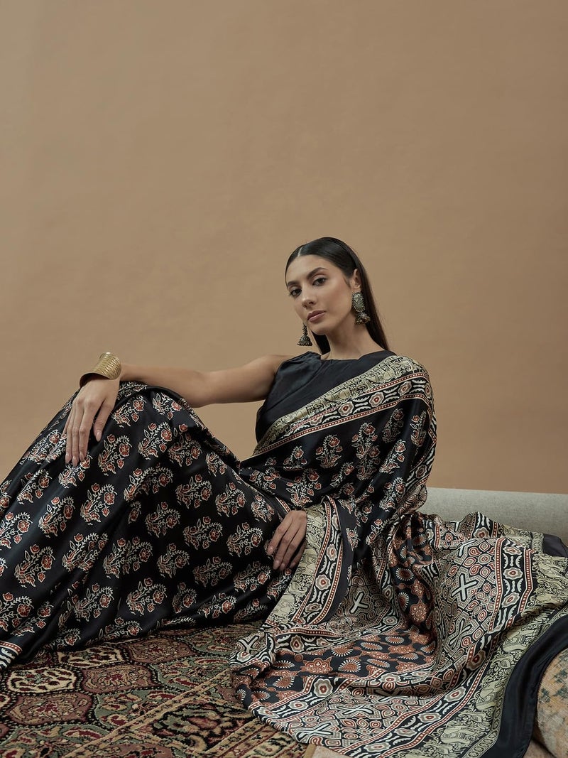 SAREE MALL Women's Black Pure Crepe Ajrak Printed Saree With Unstitched Blouse (MOHAR703_HS) - Image 5