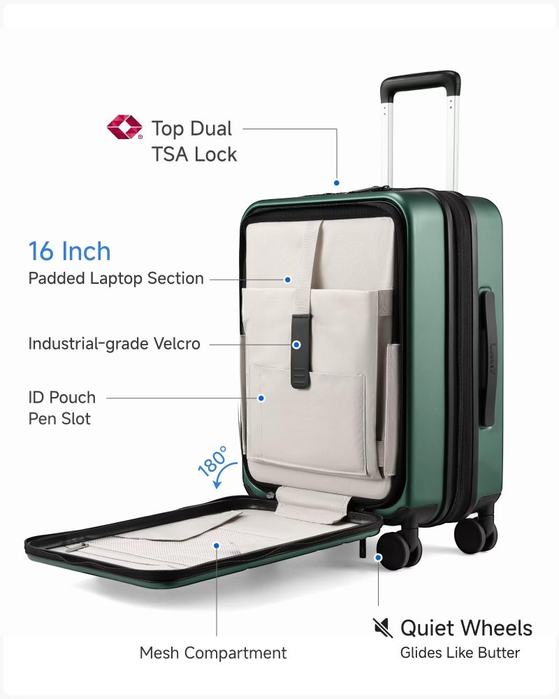 LUGGEX Carry On Luggage 22x14x9 Airline Approved, FLO5 Expandable Polycarbonate Suitcase with Front Pocket (FX-Core, Green, 20 Inch) - Image 2