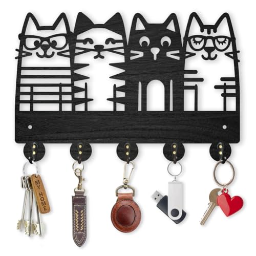 MAYJOYDIY Cat Coat Hooks Wall Mount 4 Cat Wearing Glasses Wood Key Holder for Wall 11.8×7.9inch Black Pet Animal Wall Art Decor Key Hooks 5 Alloy Hooks for Gift Entryway Living Room Kitchen Office - Image 1