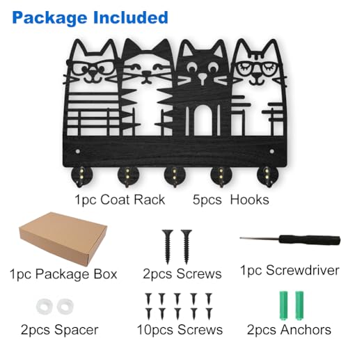 MAYJOYDIY Cat Coat Hooks Wall Mount 4 Cat Wearing Glasses Wood Key Holder for Wall 11.8×7.9inch Black Pet Animal Wall Art Decor Key Hooks 5 Alloy Hooks for Gift Entryway Living Room Kitchen Office - Image 3