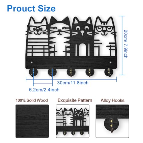 MAYJOYDIY Cat Coat Hooks Wall Mount 4 Cat Wearing Glasses Wood Key Holder for Wall 11.8×7.9inch Black Pet Animal Wall Art Decor Key Hooks 5 Alloy Hooks for Gift Entryway Living Room Kitchen Office - Image 2