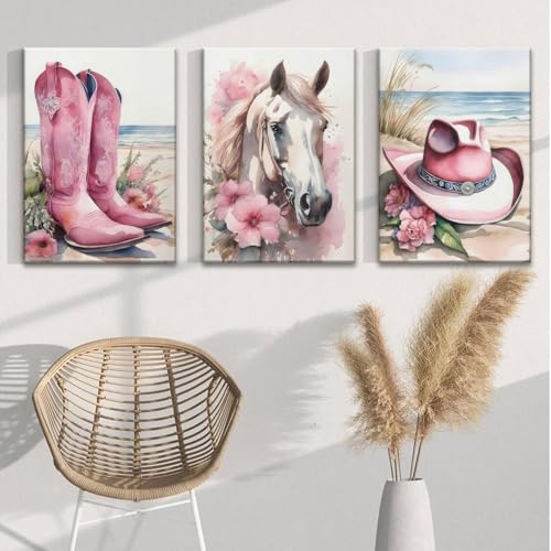 Djmwtb 3 Piece Cowgirl Wall Art Horse Canvas Art Western Wall Decor Pictures Pink Paintings Cowboy Prints Coastal Artwork for Bedroom Bathroom 12x16in Framed - Image 3