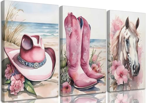 Djmwtb 3 Piece Cowgirl Wall Art Horse Canvas Art Western Wall Decor Pictures Pink Paintings Cowboy Prints Coastal Artwork for Bedroom Bathroom 12x16in Framed - Image 1