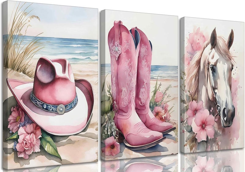 Djmwtb 3 Piece Cowgirl Wall Art Horse Canvas Art Western Wall Decor Pictures Pink Paintings Cowboy Prints Coastal Artwork for Bedroom Bathroom 12x16in Framed - Image 2