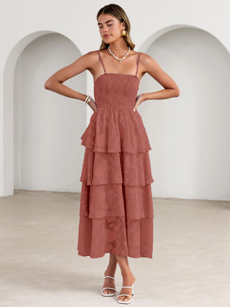 Simplee Womens Wedding Guest Maxi Dress 2026 Strapless Boho Floral Spaghetti Strap High Waist Party Sexy Long Formal Layered Flowy Dress(Rust Red M) - Image 2