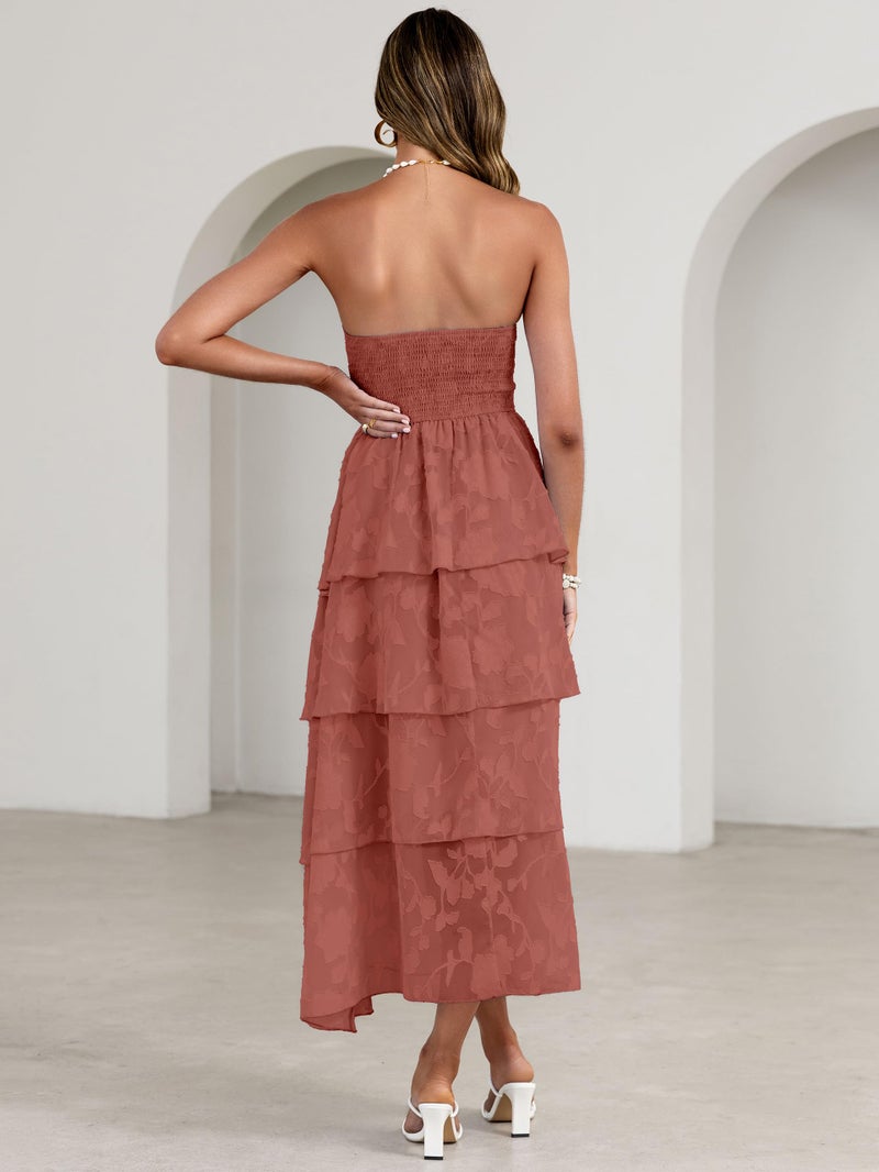 Simplee Womens Wedding Guest Maxi Dress 2026 Strapless Boho Floral Spaghetti Strap High Waist Party Sexy Long Formal Layered Flowy Dress(Rust Red M) - Image 5