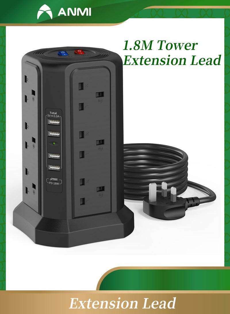 Anmi Tower Extension Lead with USB Slots and 18W USB C Fast Charger(5V/3.1A), 12 Way Plug Extension Tower, Surge Protected Extension Lead with Switch, Multi Plug Socket , 1.8M Extension Cable - Image 1