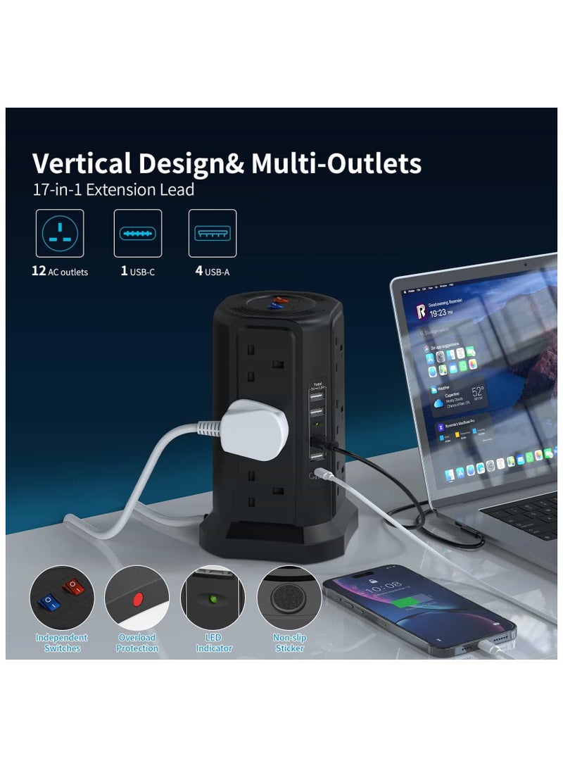 Anmi Tower Extension Lead with USB Slots and 18W USB C Fast Charger(5V/3.1A), 12 Way Plug Extension Tower, Surge Protected Extension Lead with Switch, Multi Plug Socket , 1.8M Extension Cable - Image 2