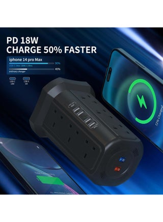 سلك تمديد برجي مع فتحات USB وشاحن سريع USB C بقدرة 18 واط (5 فولت/3.1 أمبير)، سلك تمديد برجي بمقبس 12 اتجاه، سلك تمديد محمي من زيادة التيار مع مفتاح، مقبس متعدد المقابس، كابل تمديد 1.8 متر - view 3